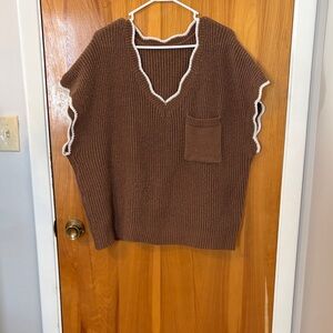 SHEIN Brown V-Neck Sweater with White Edging